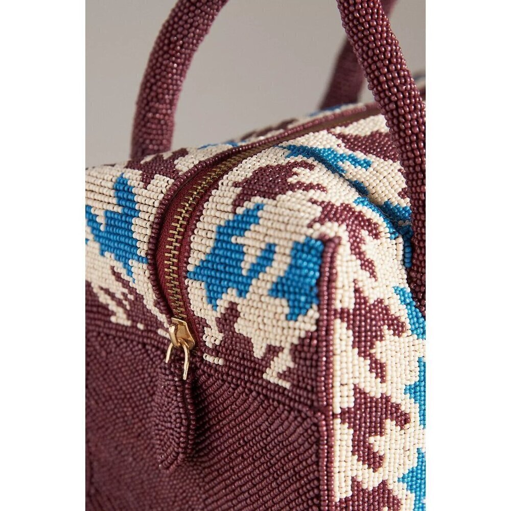 Anthropologie Beaded Satchel Houndstooth Blue Burgundy - Picture 2 of 3